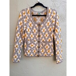 HWR Anthropologie Grey Yellow Geometric Knit Cardigan SMALL Cottage Grandma